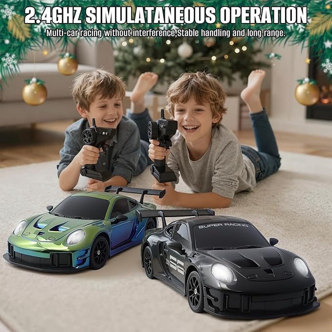 RC Drift Car, 1:24 4WD Remote Control Cars Vehicle with LED Light,2.4GHz 20KM/H High Speed RC Cars with Two Batteries & Drifting Tires Racing Sport Toy for Adults Boys Girls Kids Black