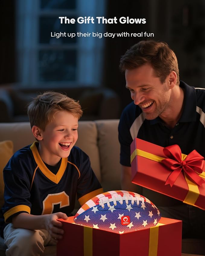 QPAU Glow in the Dark Football – 2 Pack Size 3 for Kids Ages 6-12, Strong Grip Light Up Football, Backyard Camping Outdoor Toy, Pump and Batteries Included, Birthday for Boys Girls