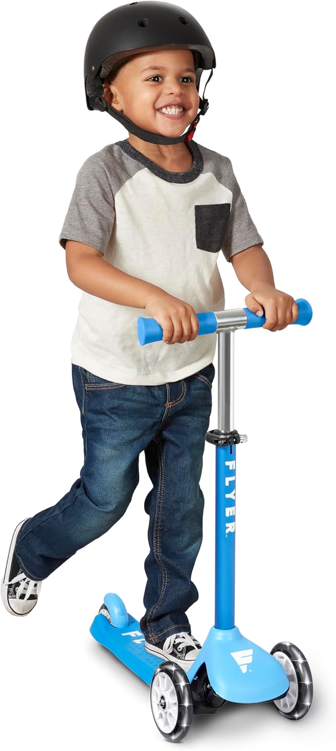 Radio Flyer Glider Jr. Scooter with Light Up Wheels, Blue, for Kids 2-5 Years Old, Lean-to-Steer, Adjustable Handlebar, Rear Foot Brake, Smooth Bearings, Comfort Grips, 3 Wheel Scooter for Kids