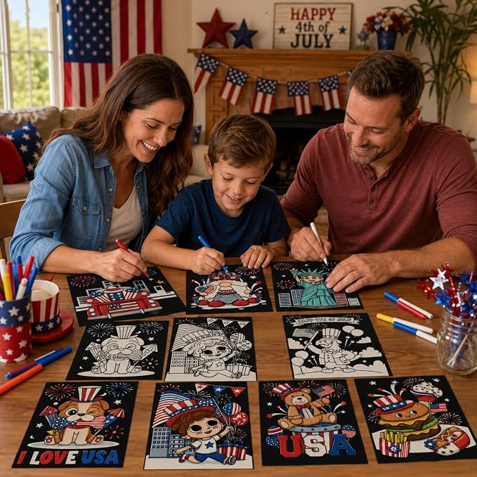 Cinrobiye 48 Pcs 4th of July Crafts, Patriotic Velvet Coloring Posters Bulk, Red White and Blue Craft Kit, Independence Day Coloring Activities for Kids, Seniors, Classroom, Party and Group Events