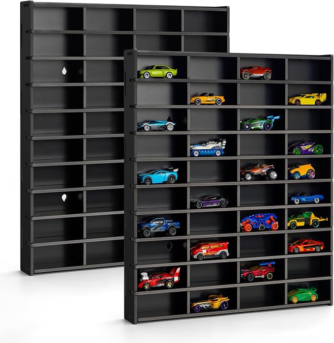 Krafetto 2 Pack Toy Car Display Shelf, Holds 80 Diecast 1/64 Toy Cars, Wall Mount Model Car Storage Organize Case, Black