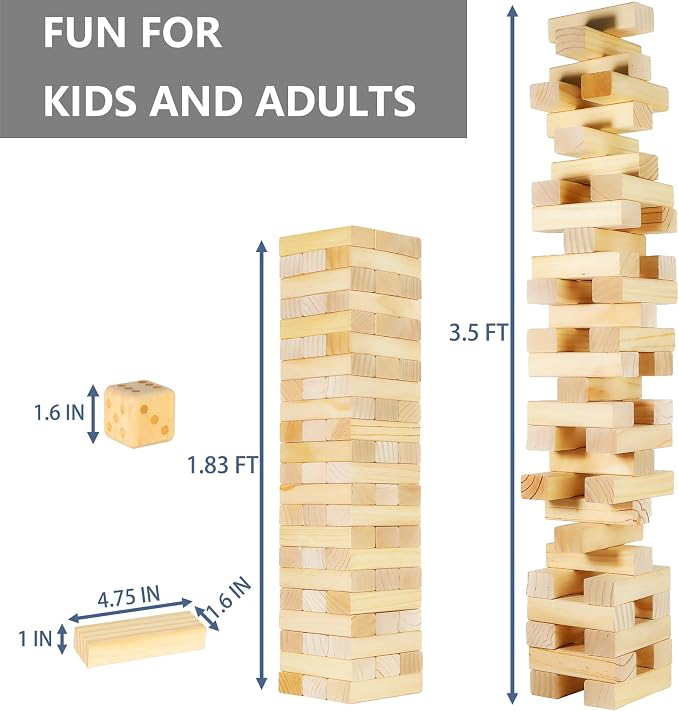 Megwoz Medium Tumble Tower Games for Kids and Adults 66 Blocks New Zealand Pine Wooden Blocks Stacking to 3.5FT Family Games for Indoors Outdoors Yard Games for Family