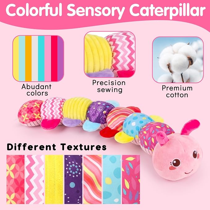 Baby Tummy Time Toy 0-6 Month Musical Stuffed Animal Plush Caterpillar Toy for Infant 6-12 Month Teething Sensory Toy with Crinkle Rattle for Babies 0-3-6 Month Newborn Toys for Boy Girl Birthday Gift
