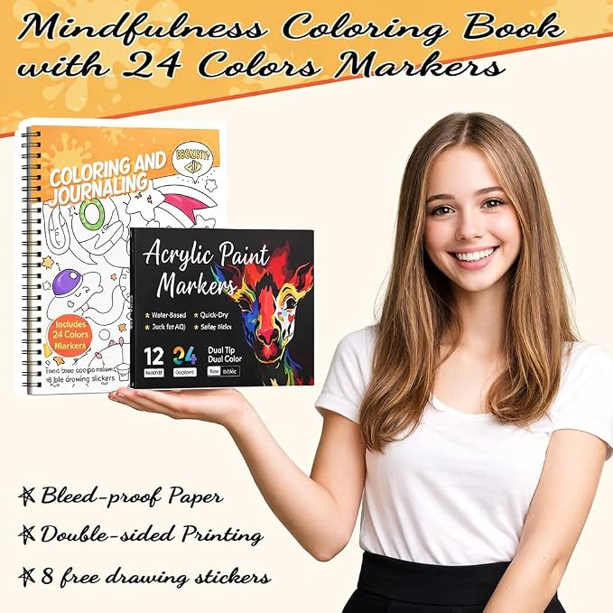 Prudiut Coloring Book Set with 24-Color Acrylic Markers & Stickers, Ages 14+ Travel Sketch Book, 60 Pages 150gsm Thick Paper (7x8.3in) Spiral Bound Art Supplies