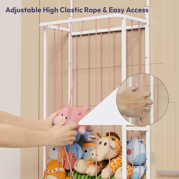 SWTYMIKI Hanging Stuffed Animal Storage - Over Door Large Plush Toy Organizer, Wall Mounted or Corner Stuffie Storage for Nursery, Doll & Bear Plush Organizer for Kid Room Bedroom (Pink, 3-Tier)