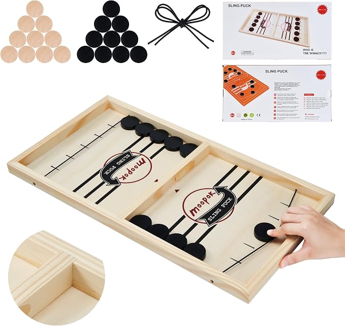 moopok Fast Sling Puck Game - Fast Action Super Foosball Table Desktop Battle Slingshot Wooden Air Hockey Board Game -Guaranteed Fun for Family Game Night or Friends Party