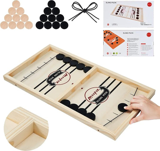 moopok Fast Sling Puck Game - Fast Action Super Foosball Table Desktop Battle Slingshot Wooden Air Hockey Board Game -Guaranteed Fun for Family Game Night or Friends Party