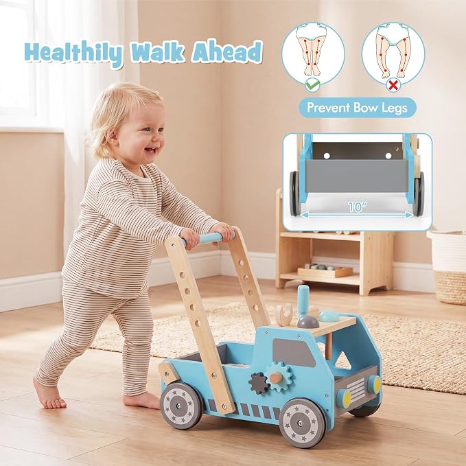 HONEY JOY Baby Push Walker, Adjustable Speed Baby Walker, Wooden Toy Tool Bench & Car Walker w/Shape Sorter, Develop Motor Skills & Creativity, Push Toys for Babies Learning to Walk, Gift (Blue)