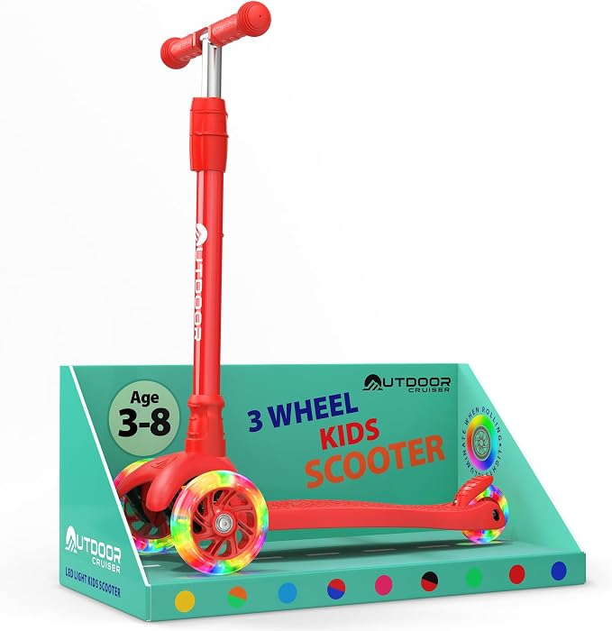 Outdoor Cruiser 3-Wheel Kids Scooter – with Lean-to-Steer Technology, Wide Deck, Led Lighted Wheel, 4-Level Adjustable Height T-bar Handle, Support Kids Up to 150 Lbs, for Boys & Girls Ages 3-8, Red