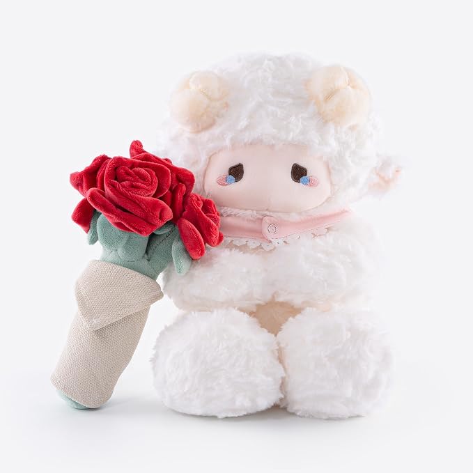11.4" White Lamb Plush Stuffed Animal with Removable Bouquet of Red Roses - Ultra Soft & Interactive Cuddly Toy Gift, A Surprise That Never Fades