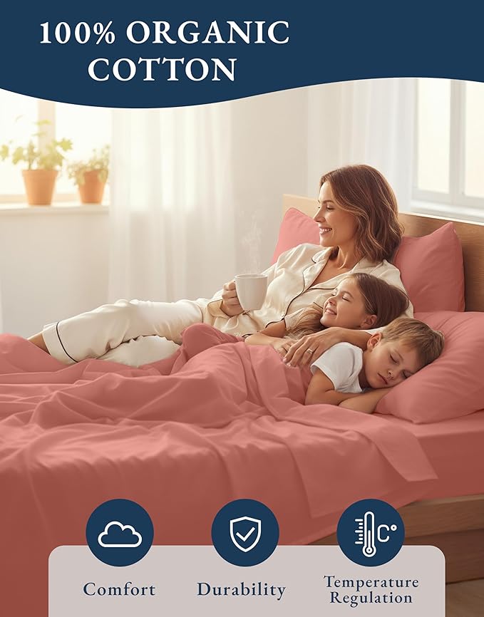 LANE LINEN 100% Organic Cotton Fully Elasticized King Sheet Set, Low Pilling Fade Resistant Machine Washable Naturally Cooling King Bedding Set, Mercerized Soft & Comfy Cotton Sheets – Rose Dawn | King Sheet Set, 100% Organic Cotton Percale - Crisp Hot...
