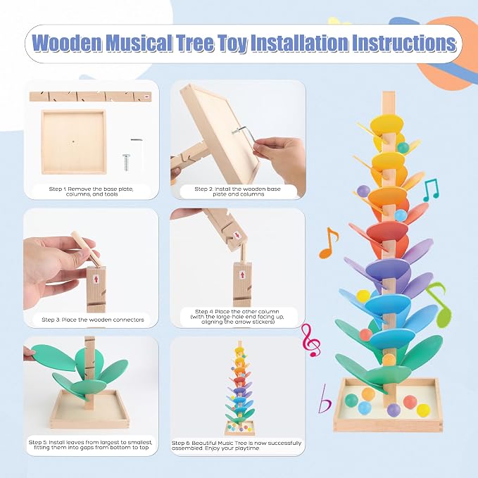 Wooden Marble Run Music Tree Marble Run Learning Game Montessori Wooden Color Sorting Toy Birthday Gift for Boys and Girls Ages 3-8