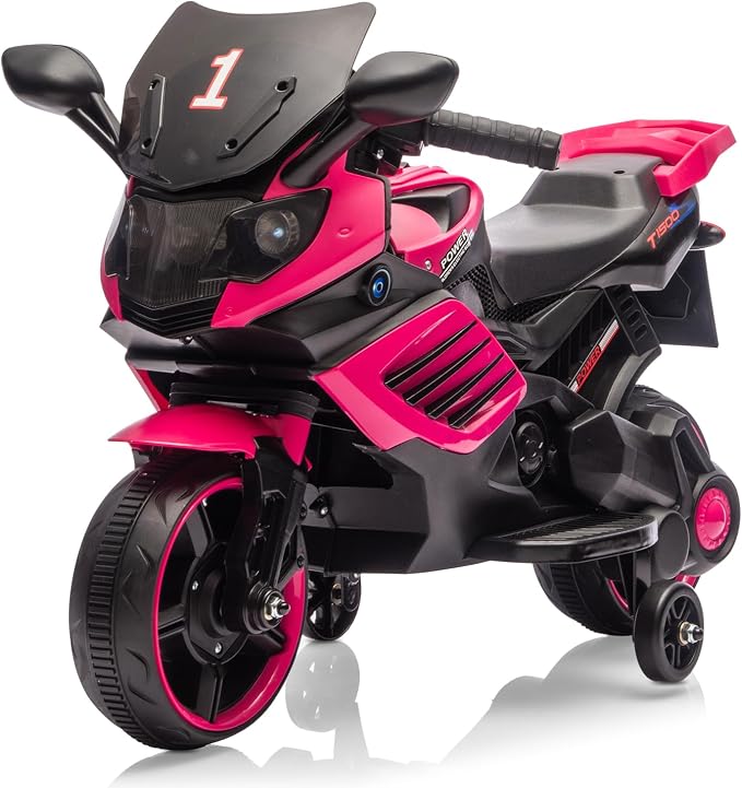 Kids Ride On Motorcycle, 6V Battery Powered Electric Motorcycle, w/Treaded Tires, Horn, Working Headlight, Music, Training Wheels, Stable Ride On Toys for Kids Toddler Boys Girls 3-6, Rosy