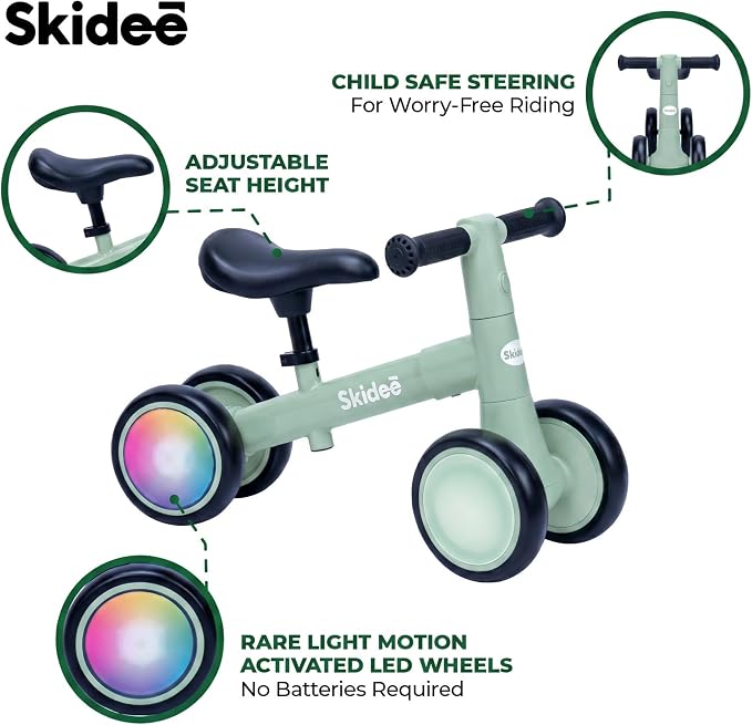 SKIDEE Toddler Balance Bike 1-3, 4-Wheel Balance Bike with Rare Light-Motion-Activated LED Wheels, Adjustable Height & Child Safe Steering, Lightweight Ride-On Toy Training Bike for Boys & Girls