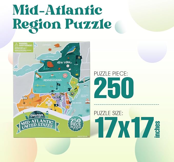 Geotoys Mid-Atlantic Region Jigsaw Puzzle - Educational and Interactive Map Game - 250 Piece Puzzles - Jigsaw Puzzles for Kids Ages 8-12 - Kids Puzzle Games with Colorful Landmarks
