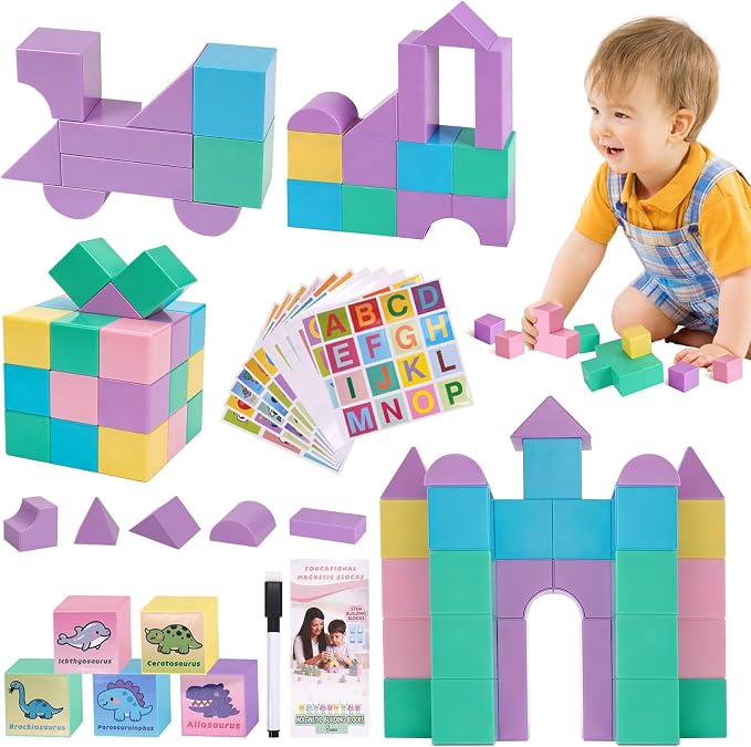 50 PCS Large Magnetic Blocks for Kids - 1.24" Macaron Colors Magnet Building Blocks with Stickers & Marker, Classroom Educational Toys for Toddlers1-3, Ideal Gift for 3-5 Year Old Boys Girls