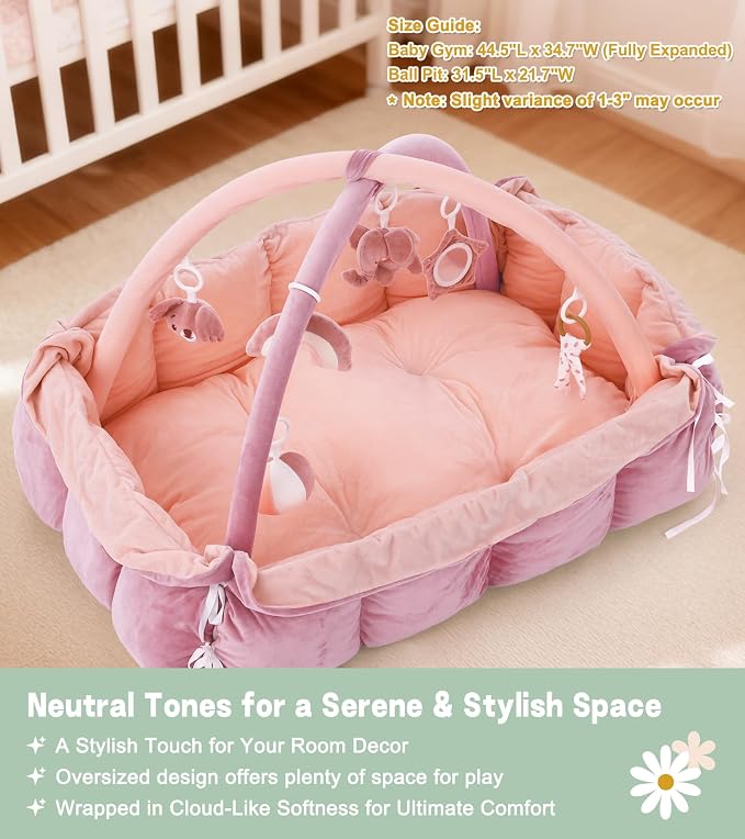 5-in-1 Baby Play Gym and Tummy Time Mat, 12 Learning Cards, Plush Activity Mat with 6 Toys, Baby Gym, Convertible to Ball Pit, Baby Gift, Light Pink
