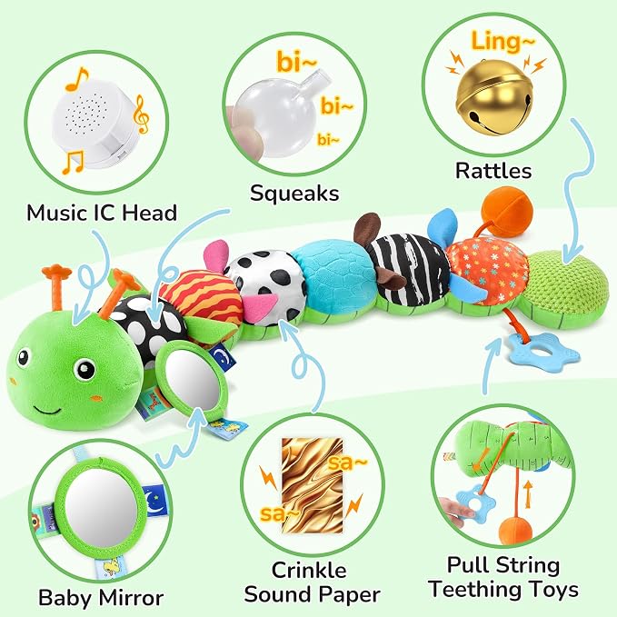 AWOTOY Baby Sensory Toys Music Caterpillar Plush Infant Toys 0 6 12 Months | Stuffed Animals Tummy Time Teething Toys with Mirror Pull String Rattle Baby Toys for Newborn Boy Girl Shower Birthday Gifts