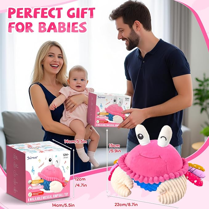 SAIMAND Pink Crawling Crab Baby Toy – Interactive Musical Plush Toy with 40 Songs & Voice Recorder, Sensory Baby Toy for Infants, Soft Toddler Gift for Girls 1-3