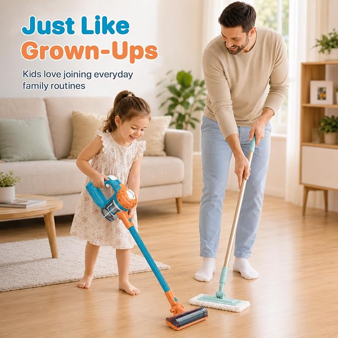 3-in-1 Kids Vacuum that Really Works - Toddler Vacuum Cleaner with Real Suction, Pretend Play Housekeeping & Cleaning Toy Set for Kids Ages 3+ (Blue)