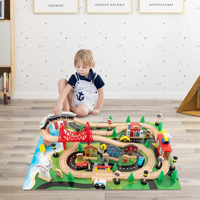 HONEY JOY Train Table, Wooden Kids Activity Table w/ 80 Multicolor Pieces, Tracks, Trains, Cars, Toddler Toy Train Table Set w/Reversible Tabletop, Gift for Boys Girls Ages 18 Months+ (Blue)