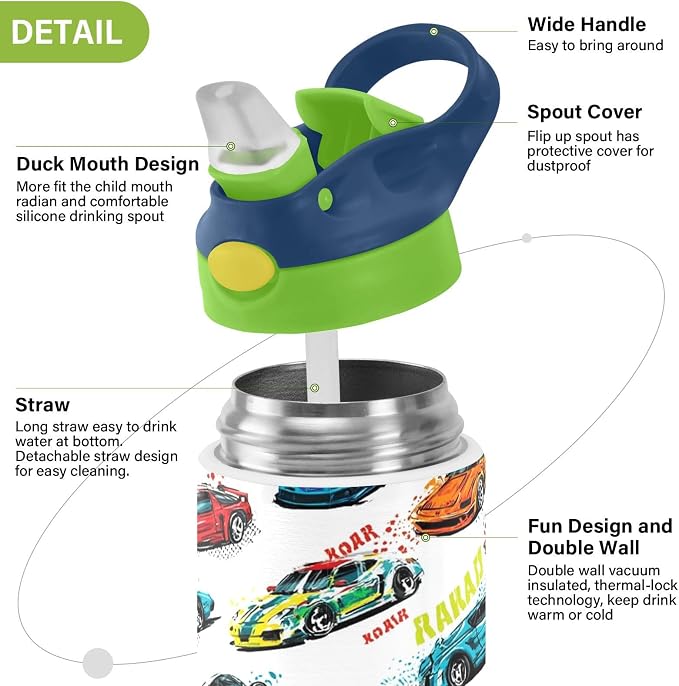 Boccsty Bright Race Car Truck Kids Water Bottle with Straw Lid Sport Cars Insulated Stainless Steel Reusable Tumbler for Boys Girls Toddlers 12 oz Green