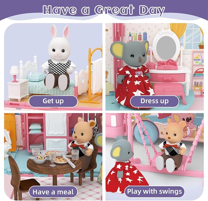 Dollhouse Playset, DIY Pretend Portable Caravan Camper Bus Toy Kit with Little Critters Bunny Dolls Mini Cottage House Set Camping Family Toys for Toddler 3 4 5 6 Year Old Girl