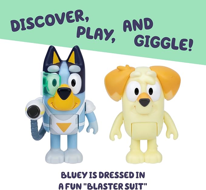 Bluey Surprise Blaster Suit Action Figure Set of 2, Articulated Character Toys with Neighbour Chucky Figurine, Small Action Figures for Kids Ages 3+