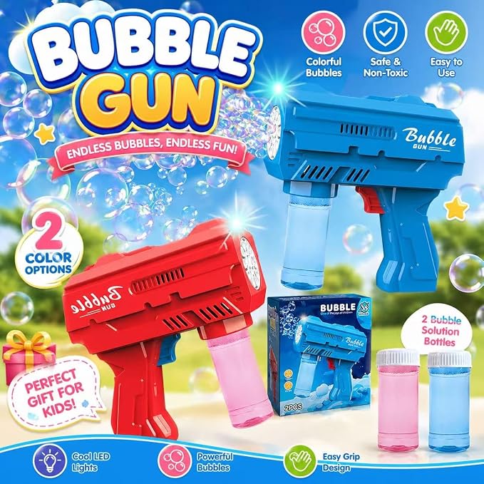 2 Pack Kids Bubble Machine Gun for Toddlers with Bubble Solutions Outdoor Toys Automatic 10-Hole Bubbles for Kids Bubble Blower Maker Party for Boys Girls Easter Basket Stuffers Valentines Gift