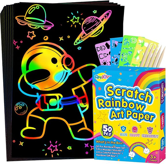 RMJOY Rainbow Scratch Paper Art for Kids: 50PCS Magic Arts Crafts Gifts Toys for Girls Boys Ages 3-12 Games Activities for Birthday Party Family Day Classroom Prizes Easter Basket Stuffers(Boys)