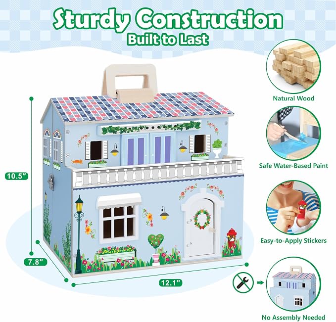 SIMPLIPLAY Wooden Dollhouse, DIY Portable Pretend Play Doll House Set with 4 Rooms, 13 Furnitures, 2 Dolls, 3 Sticker with 2 Styles, Enhance Creativity, Doll House for Kids Toddler Christmas Birthday