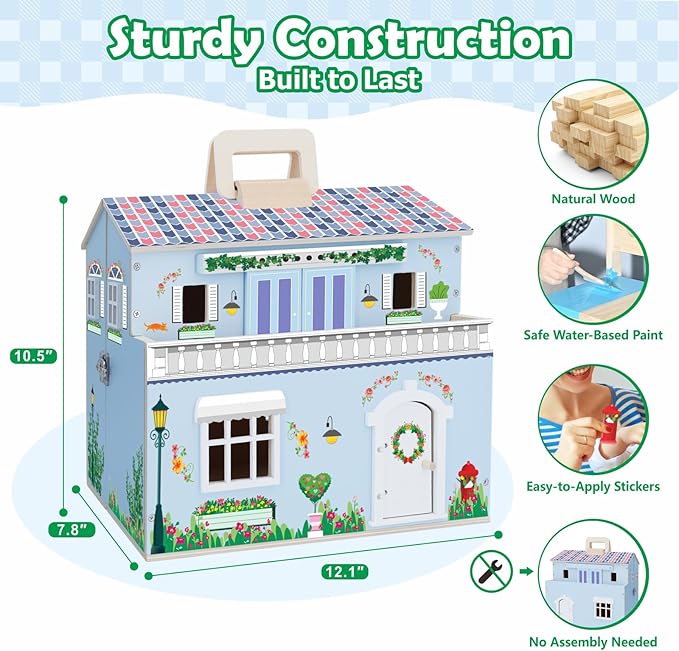 SIMPLIPLAY DIY Portable Wooden Dollhouse, Pretend Play Doll House Set with 4 Rooms, 13 Furnitures, 2 Dolls, 3 Sticker with 2 Styles, 1 Wooden Ladder, Doll House for 3+ Year Old Kids Boys Girls Gift