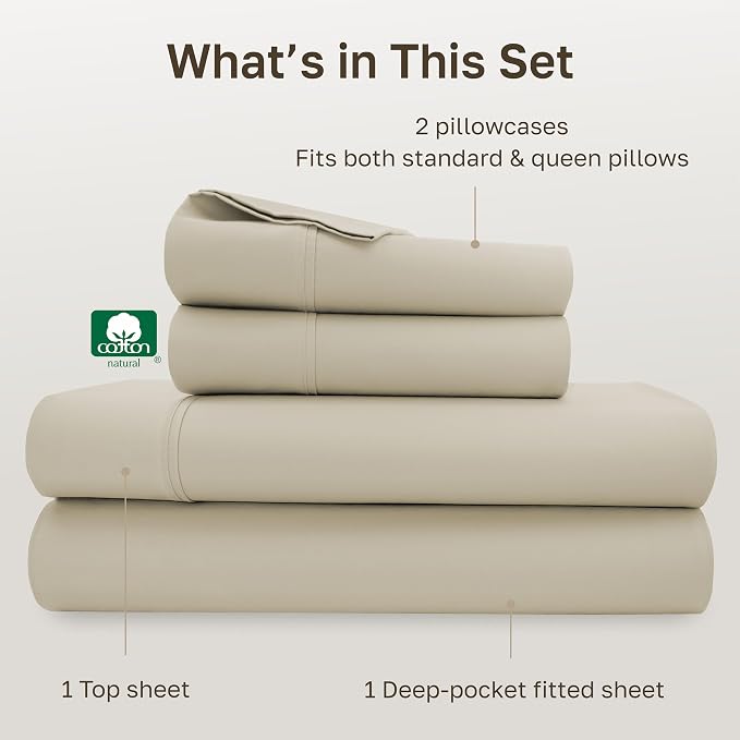 California Design Den Soft 100% Cotton Bed Sheets Queen Size Set, 400 TC Good Housekeeping Award Winner, Silky Smooth Sateen, Deep Pockets, Breathable & Durable Queen Bedding Set - Beige