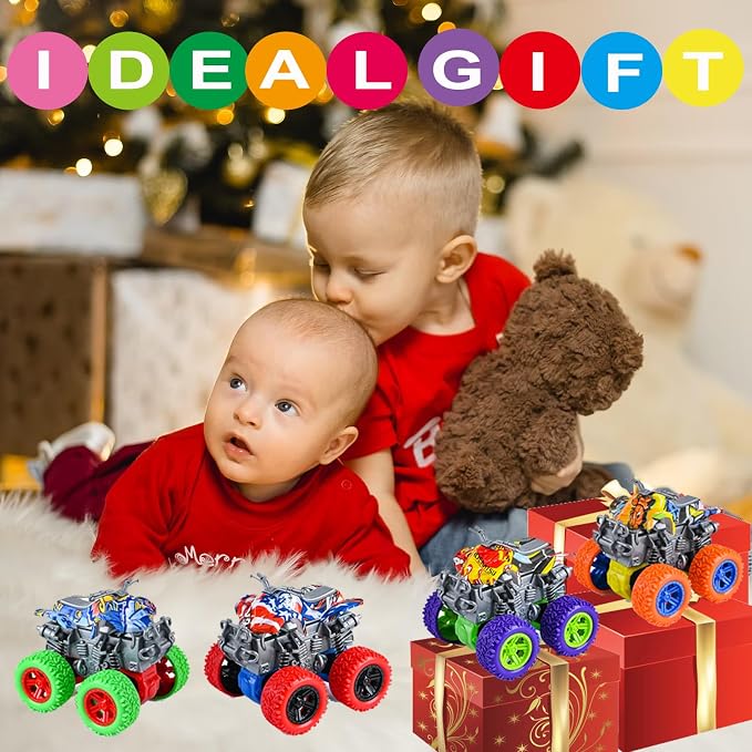 Monster Truck Toys - 4 Pack Friction Powered Toy Motorcycle Cars Push and Go Car Truck Playset for Boys Girls Toddler Aged 3 4 5 6 7 Year Old Gifts for Kids Christmas Birthday Party