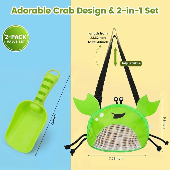 AMOR PRESENT Mesh Baby Beach Bag, Shell Collecting Bag with Shovel Crab-Shaped Adjustable Strap for Holding Shell Sea Pool Sand Toy, Green