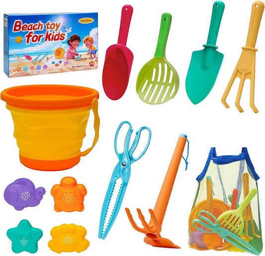 Beach Toy Set for Kids Sand Toys Summer Outdoor Play with Mesh Bag-Includes Collapsible Bucket, Mesh Shovel, Sand Shovel,Scissors Pliers,Rake Mold Kit