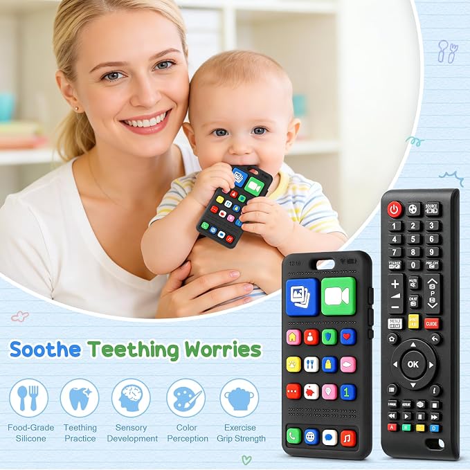 2 Pack Baby Teething Toys for 3-6 6-18 Months, Silicone Phone & TV Remote Control Shape Teether Toys, Teething Relief Sensory Chew Toys, Baby Shower Gifts for Infant Boys Girls 6-12 Months