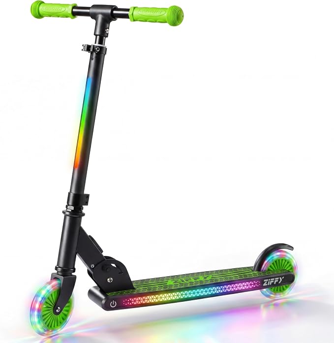 JOVA ZIFFY Light Up Scooter for Kids 3-12, 2 Wheel Foldable Kids Kick Scooter, 3 Adjustable Height, ABEC-7 Bearing with 4'' PU Wheels, Rear Foot Brake, Gift for Boys& Girls (Up to 110lb)