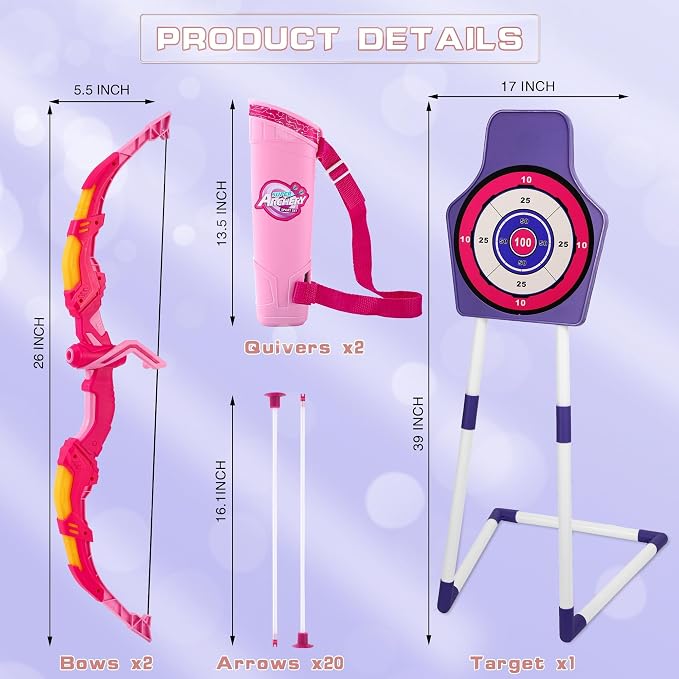 Bow and Arrow Set for Kids, 2 Pack LED Light Up Archery Set with 20 Suction Cup Arrows, Indoor and Outdoor Toy for Boys Girls Age 4-8 8-12 with Standing Target&2 Quivers, Birthday Gift 3-12 Years Old