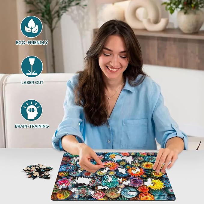 Mys Aurora Puzzles for Adults Cactus World Wooden Puzzles, 300 Pieces Unique Shaped Succulent Jigsaw Puzzles, Birthday for Adults and Kids, Fun Family Game 14.87'' x 11.2'' Medium Size