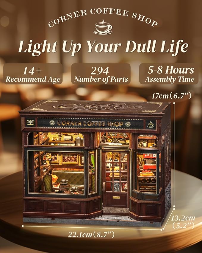 Cutefun Book Nook Kit - DIY Miniature Coffee Shop Booknook Kits for Adults and Teens, 3D Wooden Puzzle Bookend Bookshelf with LED Light, Creative Crafts Gifts for Book Lovers (Corner Coffee Shop)