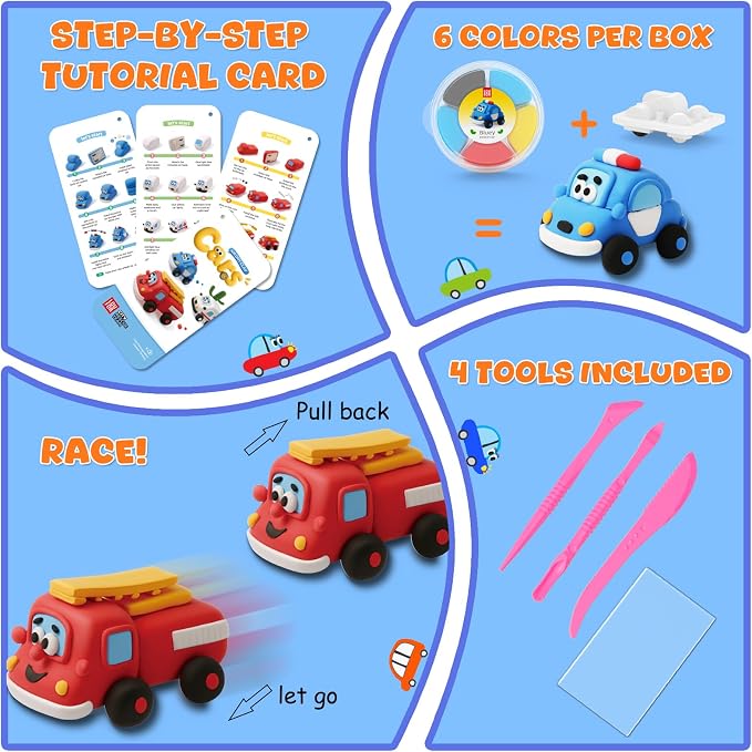 Air Dry Clay Kit for Kids - Pull Back Car Making, 3 Boxes Modeling Clay with Sculpting Tools, Base, Backing Board, Tutorial, Ultra Light & Soft, Non-Toxic & Safe, Creative DIY Arts and Crafts Toys