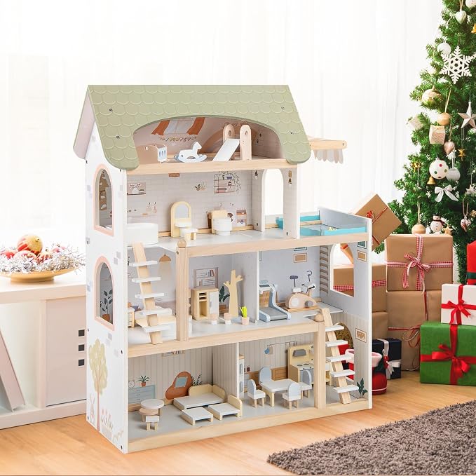 Costzon Wooden Dollhouse, Kids DIY Pretend Playhouse w/ 33 PCS Furniture Accessories, Modern Family Play House Toy w/Balcony, Pool for Girls & Boys Ages 3+ Years Old
