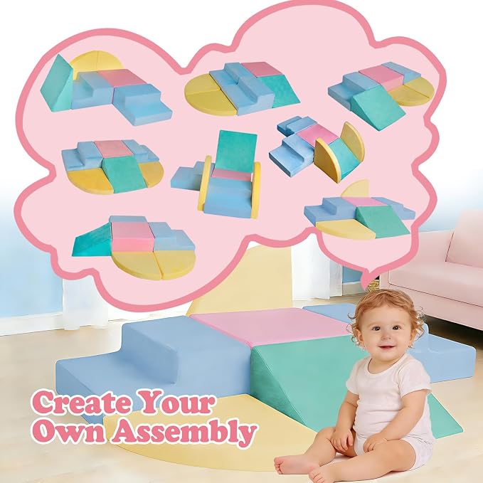 Soft Climbing Toys for Toddlers 1-3, 6-Piece Foam Climbing Blocks Set with Washable Cover, Colourful Indoor Active Play Structure for Kids, Modular Crawling and Sliding Gym for Baby