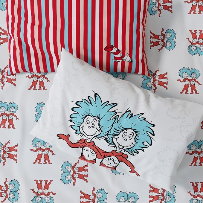 Dr. Seuss Cat in The Hat Kids Bedding, 5 Piece Twin Bed Set, Soft Cozy Reversible Comforter and Sheet Set with Sham, Officially Licensed Product by Franco