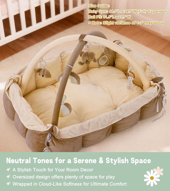 5-in-1 Baby Play Gym and Tummy Time Mat, 12 Learning Cards, Plush Activity Mat with 6 Toys, Baby Gym, Convertible to Ball Pit, Baby Gift, Brown