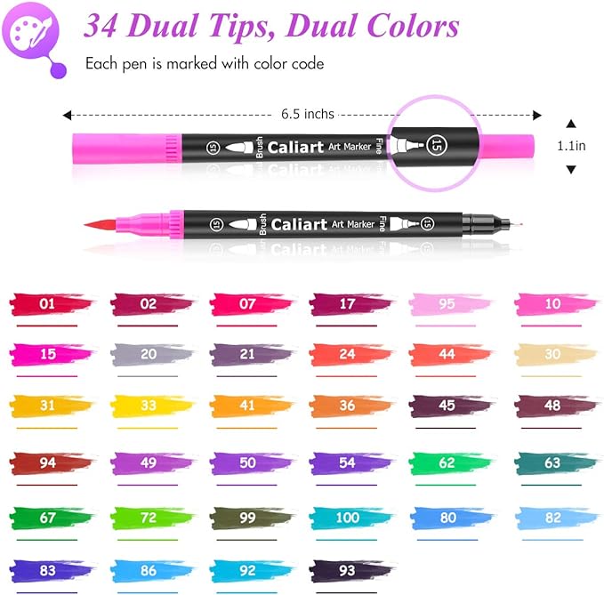 Caliart 34 Double Tip Brush Pens Art Markers, Artist Fine & Brush Markers for Adult Coloring Books Journaling Calligraphy Lettering Planners Cards Drawing Craft Kit Teacher Office Supplies