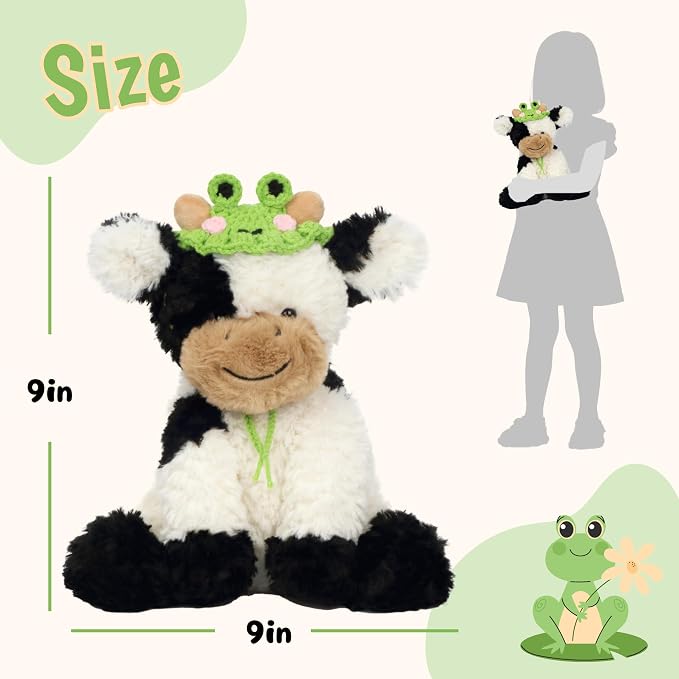 Hopearl Adorable Plush Cow Toy with Cute Tiny Knitted Frog Hat Floppy Dairy Cattle Soft Kawaii Stuffed Animal Birthday Holiday Gift for Boys Girls Kids Toddlers, 9''