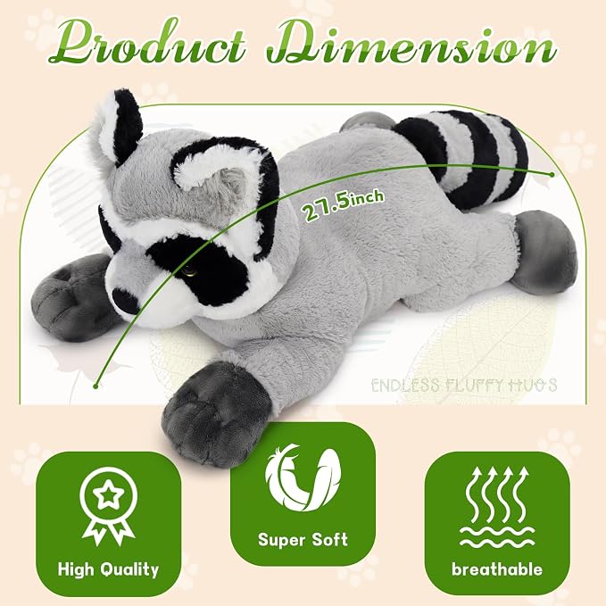 BENINY Giant Raccoon Stuffed Animal 30" - Oversized Raccoon Plush Pillow - Fluffy Big Stuffed Racoon Toy Birthday Gifts for Kids - Sweet Companion