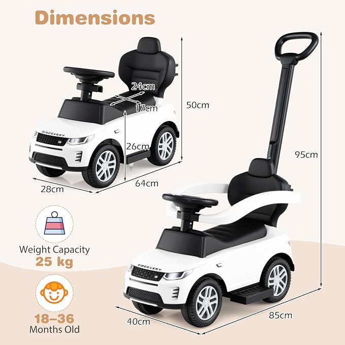 OLAKIDS Push Car for Toddlers, 3 in 1 Licensed Landrover Baby Ride on Toy with Parent Control Handle Safe Guardrails, Kids Sliding Walker with Under Seat Storage Horn for Boys Girls (White)